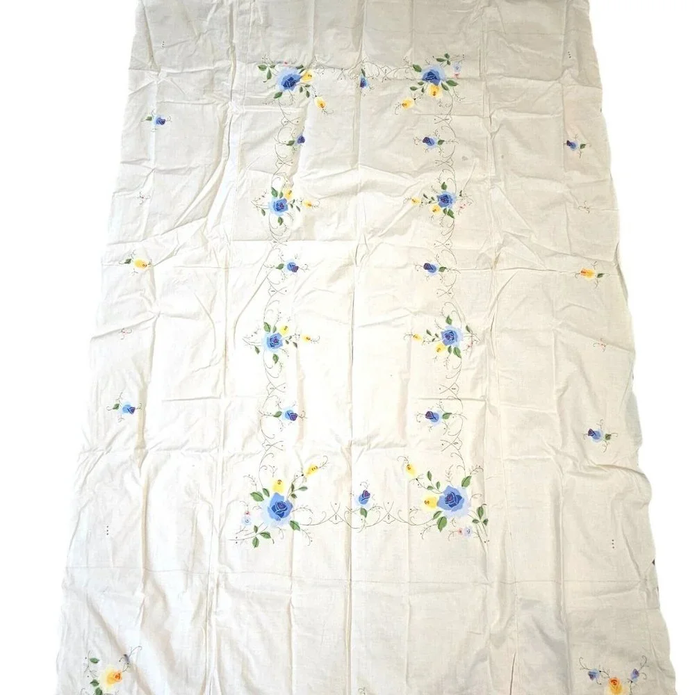 Rectangle Tablecloth Floral Blue Yellow Embroidered 12 Napkins White 63 X 100‎